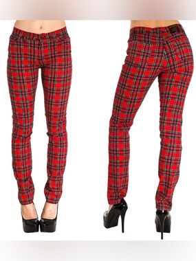 Run & Fly | Red Tartan Plaid Punk Rock Skinny Jeans - Unisex 32